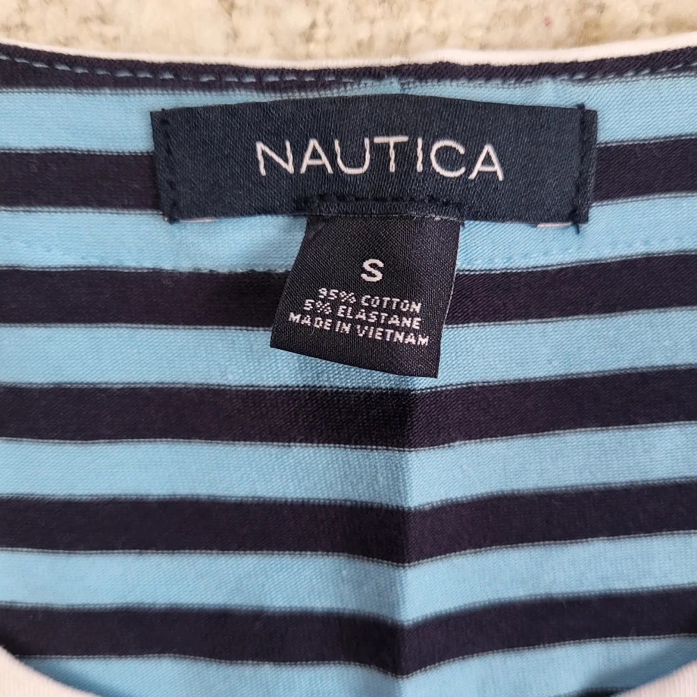 Nautica Blue Sheath V-neck Striped Sleeveless Logo Knee-length Dress - Picture 3 of 8